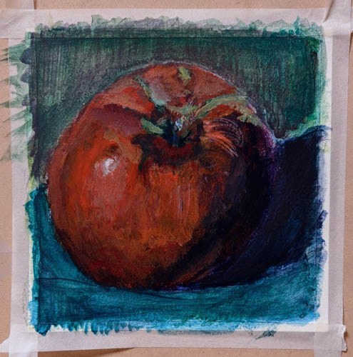 Painting of a red tomato against a dark green ground