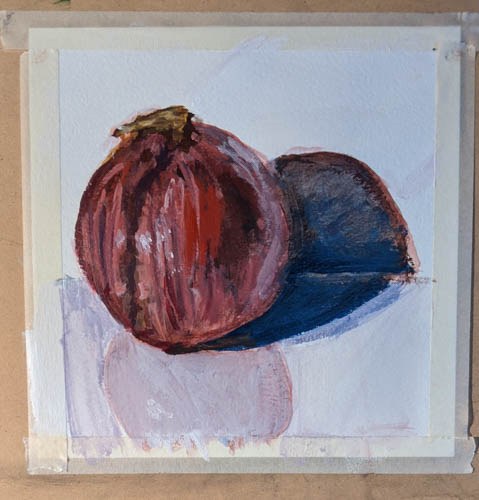 Painting of a red onion casting a blue shadow