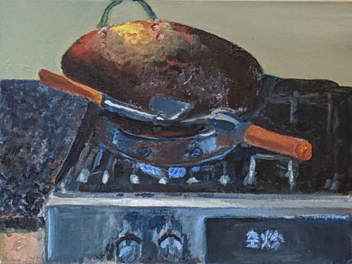 Painting of a wok on a gas hob
