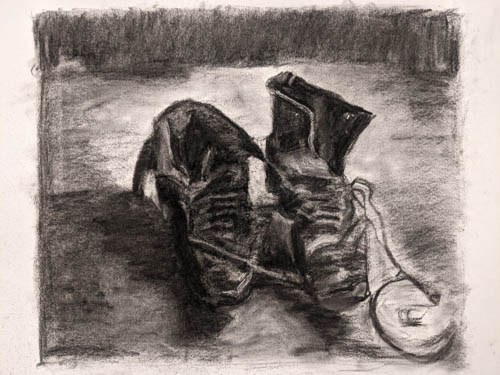 Charcoal drawing of a pair of worn boots