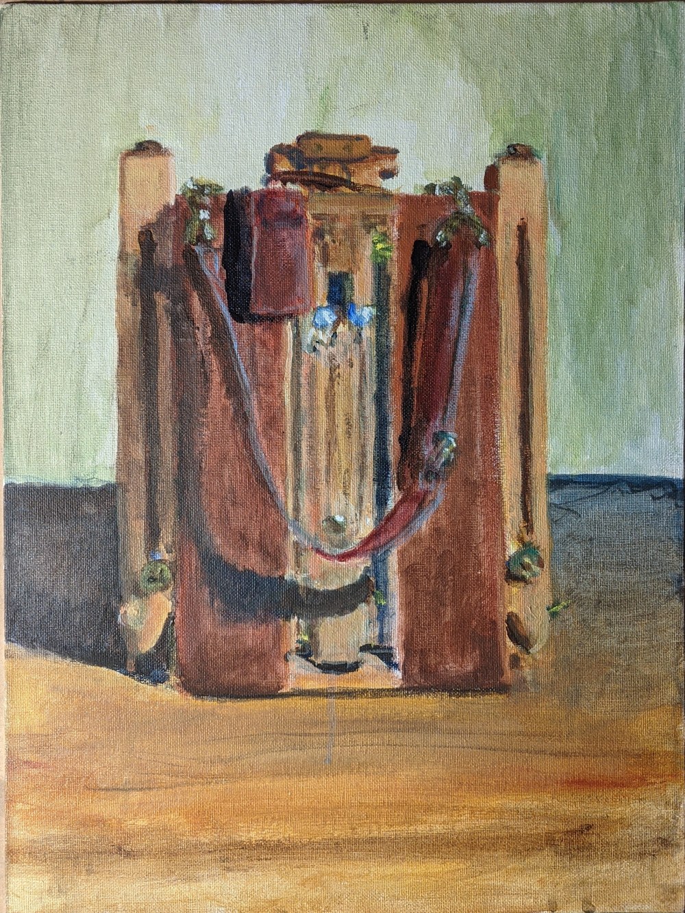 Painting of a folded wooden French easel, straps draping, against a sage wall