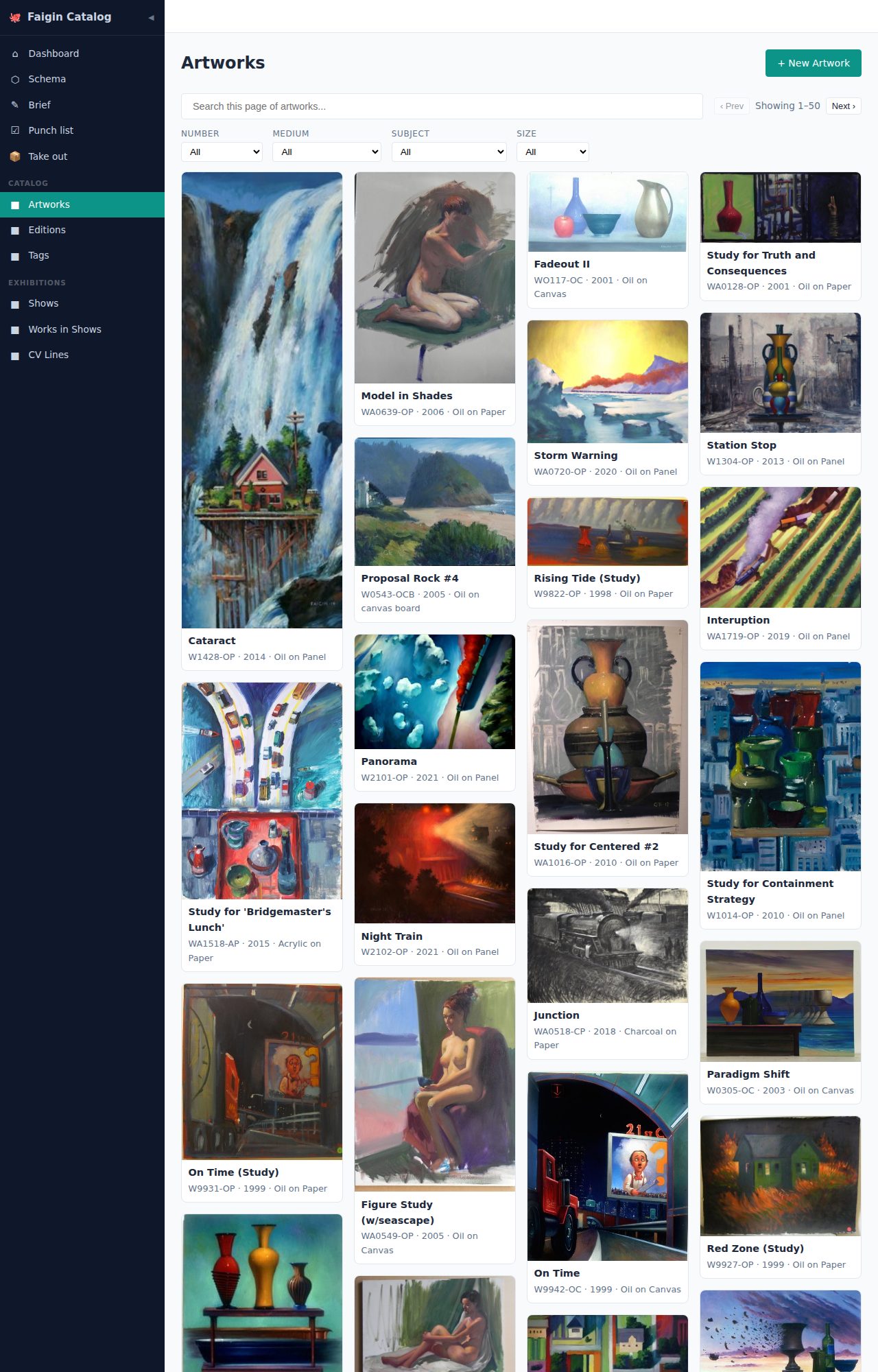 The Faigin catalog, artworks page: a gallery of paintings with title, catalog number, year and medium under each, filters for number, medium, subject and size, and a sidebar of Catalog and Exhibitions sections.