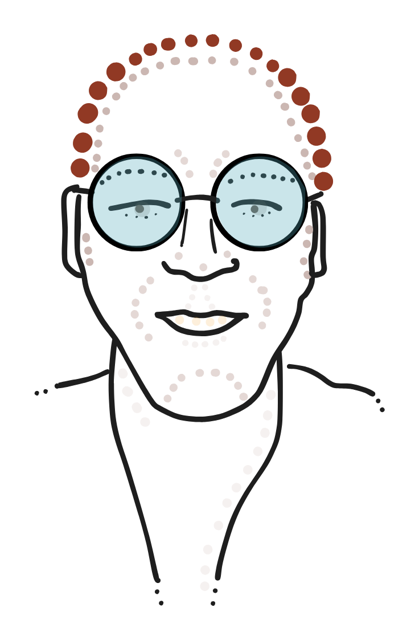 Ivan Schneider, line drawing: round glasses, a dotted hairline